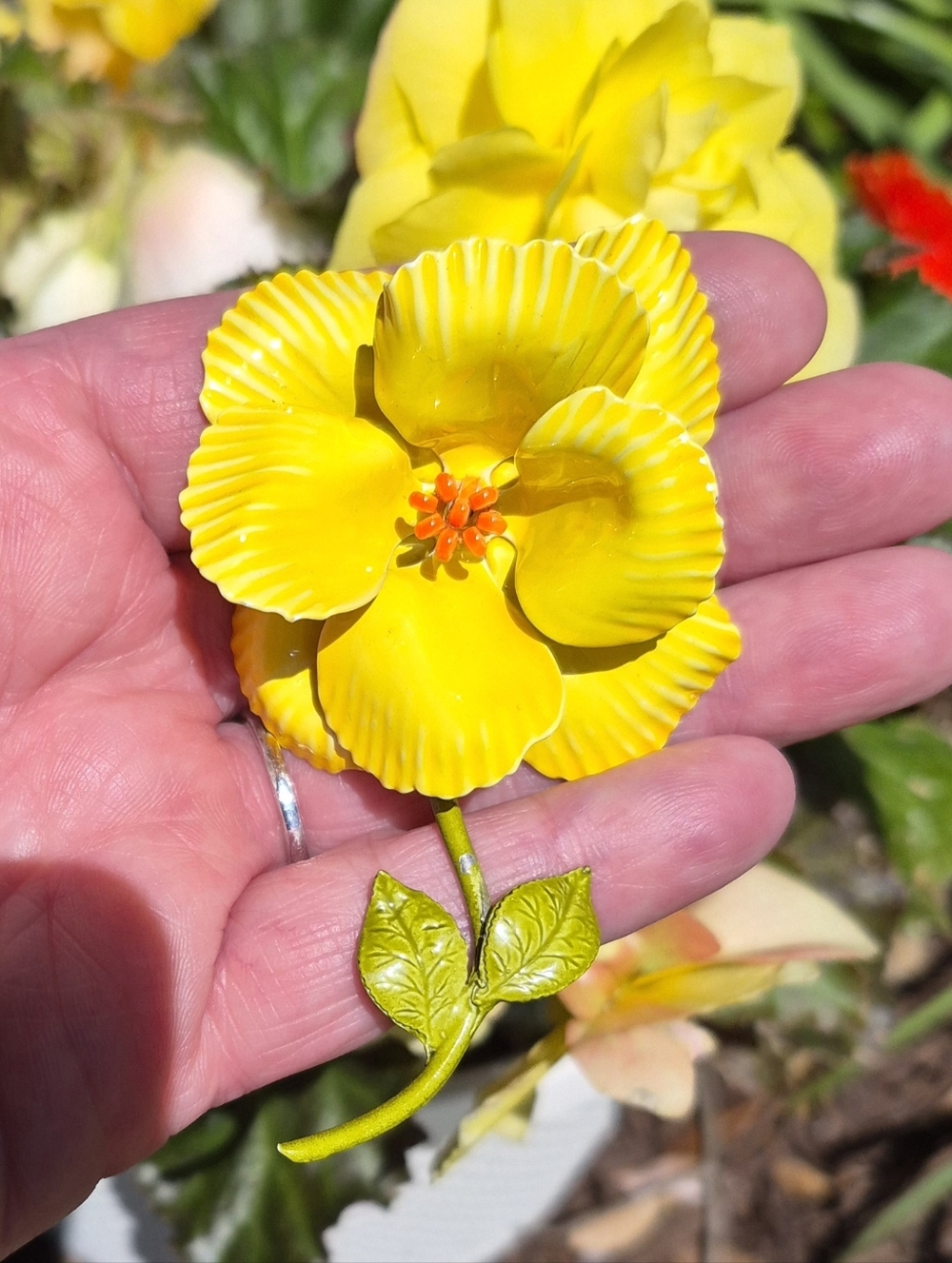 Enamel Flower Power Yellow Orange Large 3" Statement Brooch Green Vintage 60s